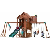 Backyard Discovery - Spielturm Skyfort ii aus Holz xxl Spielhaus für Kinder mit Rutsche, Schaukel, Trapezstange, Kletterwand und Aussichtsturm von BACKYARD DISCOVERY