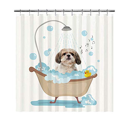BAGEYOU Duschvorhang mit lustigem Hund Shih Tzu in Bad, niedlicher Welpe, der eine Dusche nimmt, wasserdichtes Polyestergewebe, 168 x 183 cm, mit 12 Haken von BAGEYOU