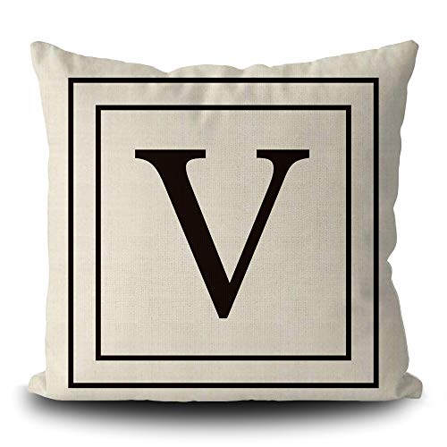 BAGEYOU Leinen Kissenbezug mit Black Letter Monogramm V und Streifen Englisch Alphabet Initial Decorative Square Kissenschutz für Sofa Couch 40 x 40 cm, doppelseitiger Druck von BAGEYOU