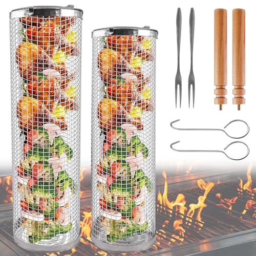 2PCS Rollendes Grillkorb, Gitter Grillkorb Edelstahl, Tragbar Grillkorb mit Holzgriff Kommt mit 2 Haken und 2 Gabeln, Grillkorb Set für Camping Outdoor Grillen, Für Fleisch Fisch Gemüse von BAIFULAI