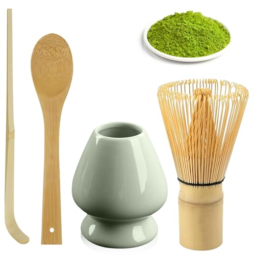 4 Stück Matcha Besen, Matcha-Schneebesen Bambus 80 Borsten mit 2 Matcha Löffel, Matcha Besen Halter Grün, Bambusbesen Matcha, Matcha Whisk, Matcha zubehör, Teepinselhalter aus Keramik von BAIFULAI