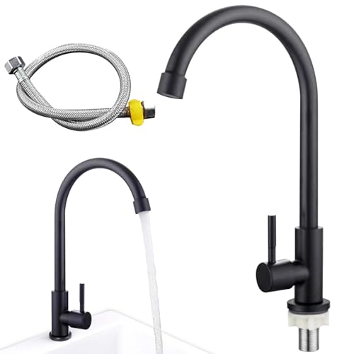 BAIFULAI Kaltwasserhahn Küche, Wasserhahn Küche Schwarz mit Anschlussschlauch, Edelstahl 360° Schwenk Einhebelmischern Hochdruck, Küchenarmatur, Kitchen Tap, Kaltwasserhahn Gäste WC für Küche von BAIFULAI