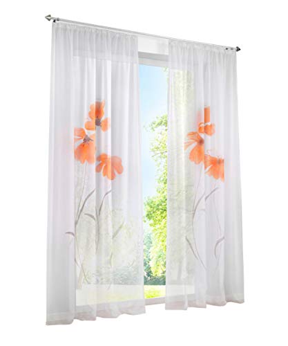 BAILEY JO 1er-Pack Gardine Floral Gardinen Schlaufen mit Blumen Druck Transparent Voile Vorhang (BxH 150x145cm, Orange mit Kräuselband) von BAILEY JO