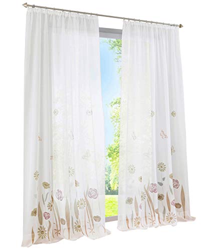 BAILEY JO 1er-Pack Gardine Kräuselband Floral Vorhänge Mit Blumen Schmetterling Transparent Voile Vorhang (braun, BxH 150x145cm) von BAILEY JO