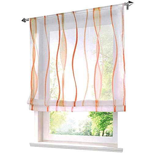 Voile Raffrollo mit Wellen Druck Design Rollos Schlaufen Transparent Vorhang (BxH 120x140cm, Orange mit Tunnelzug) von BAILEY JO