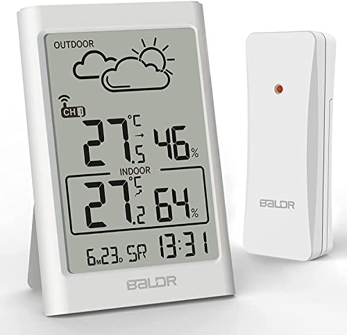 BALDR Wetterstation Funk mit Außensensor, Thermometer Hygrometer Digitales Innen Thermo-Hygrometer Digital Luftfeuchtigkeit Messer mit LCD Schirm für Schlafzimmer, Büro, Wohnzimmer (Weiß) von BALDR