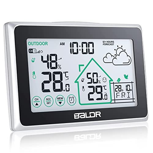 BALDR Wetterstation Funk mit Außensensor, Digital DCF-Funkuhr Innen und Außen Thermometer Hygrometer mit Wettervorhersage, Funkthermometer mit Batteriebetrieben Wetterstation von BALDR