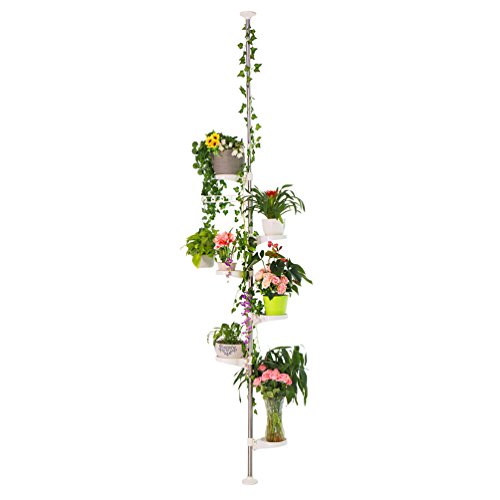 BAOYOUNI 7-schichtige Innen Pflanze Steht Spring Tension Pole Metall Display Rack Space Saver Blume Ecke Floral Topfhänger Regal, Elfenbeinfarben von BAOYOUNI