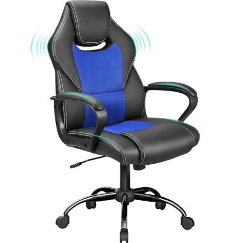 BASETBL Büro-Schreibtischstuhl im Racing-Stil, ergonomischer Chefsessel, Drehgelenk, Computerstuhl, Lendenwirbelstütze, hohe Rückenlehne, PU-Leder, höhenverstellbar, bequem, Blau von BASETBL