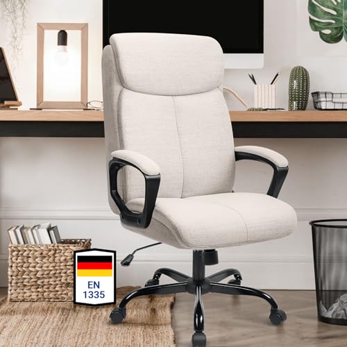 BASETBL Bürostuhl Schreibtischstuhl Ergonomisch Stoff Chefsessel mit gepolsterter Armlehne und weiche Kopfstütze, Rückenlehne, drehbar und Wippfunktion, Höhenverstellbar, Gaming Drehstuhl Grau von BASETBL