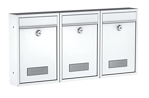 BASI Briefkasten 3er Set | Wandbriefkasten aus Stahl | Farbe Weiß Matt | mit Namensschild | Zylinderschloss mit je 2 Schlüssel | inkl. Befestigungsmaterial | Briefkastenanlage | 3 Stück von BASI