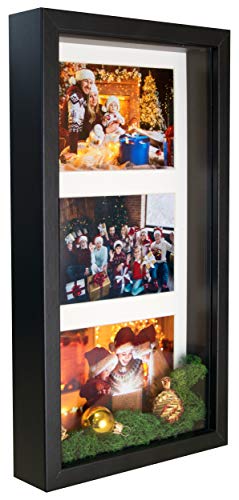 BD ART 18x35 cm 3D Box Mehrfach Bilderrahmen, Bildergalerie, Fotogalerie mit Passepartout und 3 Foto-Ausschnitten für 3 Fotos 10x15 cm, Schwarz Rechteckiger Objektrahmen tiefer für objekte 3 cm von BD ART