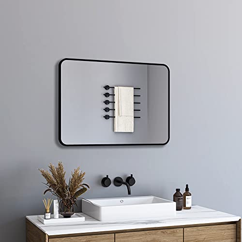 BD-Baode Badspiegel Schwarz 40x60cm Abgerundete Ecken Spiegel Wandspiegel für Badezimmer Wohnzimmer Dekorative Morden Design mit schwarzem Rand von BD-Baode