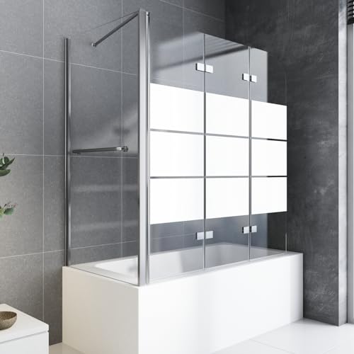 Gestreifte Duschwand für Badewanne mit Seitenwand,3-teilig Duschtrennwand 120x140 cm und Seitenwand 80 cm Faltwand Badewannenaufsatz Duschabtrennung aus 6mm gehärtetem Glas mit Nanobeschichtung von BD-Baode