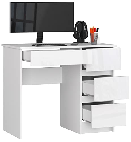BDW Büroschreibtisch mit 4 Schubladen - Gamingtisch – Gaming Desk - Computertisch - Gaming Tisch – Gaming Schreibtisch - Kleiner Schreibtisch 90x77x50cm - Weiss Glänzend von BDW