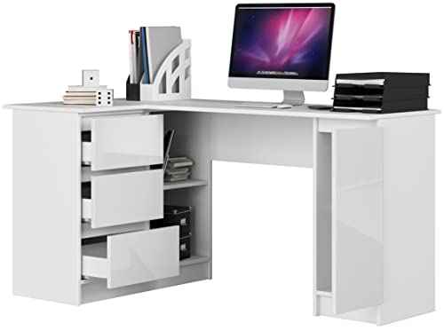 BDW Eckschreibtisch mit 3 Schubladen, 2 Regalen und 1 Fach - Oberfläche Glanz - Schreibtisch für Jugendzimmer Büros und Ateliers - Gaming Tisch - 155x85x77 cm - Weiß Links von BDW