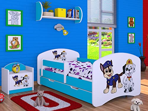 BDW Kinderbett Super Hunde Paw - Babybett mit Matratze und Schublade - Bequem und Langlebig Rausfallschutz Bett - Kinderzimmer - Blau (Motiv 1) - 180x90 von BDW