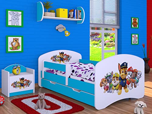 BDW Kinderbett Super Hunde Paw - Babybett mit Matratze und Schublade - Bequem und Langlebig Rausfallschutz Bett - Kinderzimmer - Blau (Motiv 3) - 180x90 von BDW