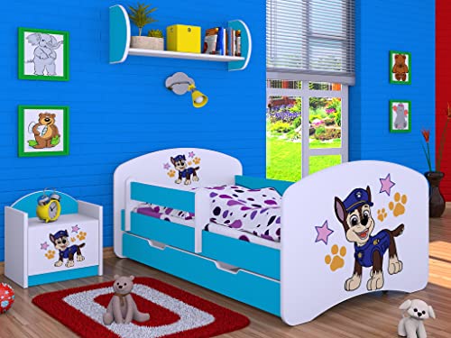 BDW Kinderbett Super Hunde Paw - Babybett mit Matratze und Schublade - Bequem und Langlebig Rausfallschutz Bett - Kinderzimmer - Blau (Motiv 5) - 180x90 von BDW