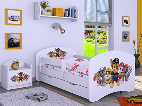 BDW Kinderbett Super Hunde Paw - Babybett mit Matratze und Schublade - Bequem und Langlebig Rausfallschutz Bett - Kinderzimmer - Weiß (Motiv 3) - 160x80 von BDW