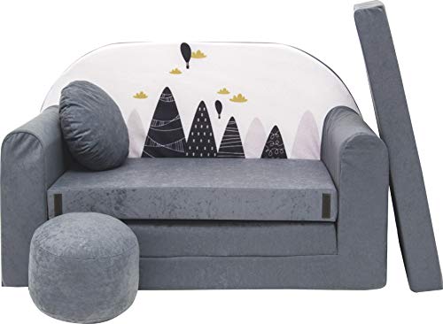 BDW Schlafsofa für Kinder mit Sitzhocker/Kissen, Coton, GRAU 168 x 98 x 60 cm von BDW