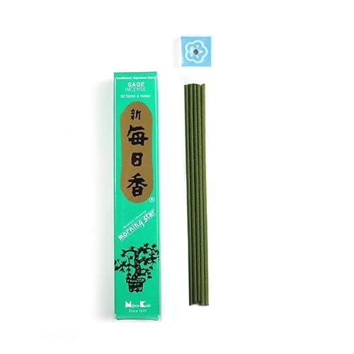 Japanische Räucherstäbchen 50 Stück Nippon Kodo Morning Star Incense Sticks Rauchstäbchen aus Japan aus Natürlichen Stoffen ohne Chemie für Entspannung und Meditation (Salbei) von BEEMEN