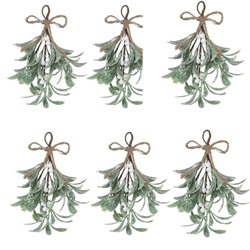 BEIJIALY 6 Stück Künstliche Mistelzweige, Künstliche Weihnachtsgrün-Hängemistelzweige, Künstliche Mistelzweige mit Beeren, Weihnachtsdekoration Zum Aufhängen für Baumschmuck,(Weiß 6St) von BEIJIALY