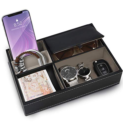 BELLE VOUS Ablage Tablett Schwarz Kunstleder 5 Fächer Schlüssel Ablage – Herren Organizer Ablage Schreibtisch, Accessoires Herren für Handy, Münzen, Schmuck, Schlüssel, Uhr – Nachttisch Organizer von BELLE VOUS