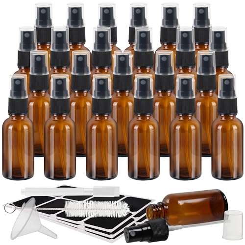 BELLE VOUS Braunglas Zerstäuber Sprühflasche Set (24 Stk) - Nachfüllbare Sprühflasche Klein 30 ml - Sprühflasche Feiner Nebel, Bürste, Trichter, Etiketten & Stift - Für Ätherische Öle & Aromatherapie von BELLE VOUS