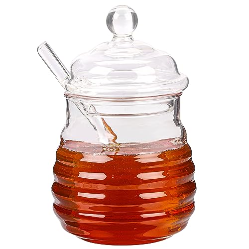 BELLE VOUS Honigglas mit Honiglöffel & Deckel - 400 ml - Kleine Honiggläser Gastgeschenk für Hochzeit/Party oder Küche - Honigspender Tropffrei Glas Behälter für Honig, Marmeladen & Gewürze von BELLE VOUS