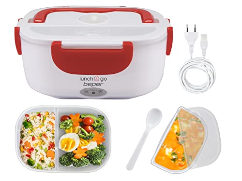 Beper Lunch & Go - Wärmende Lunchbox, tragbarer elektrischer Speisenwärmer, 2 herausnehmbare Behälter, Stahlheizplatte, mitgeliefertes Plastikbesteck, 220 V - Rot von BEPER