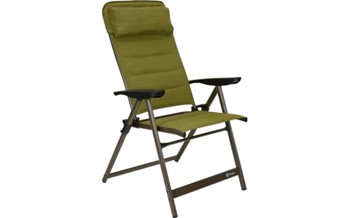 BERGER Slimline Klappstuhl Camping Aluminium | Campingstuhl Klappbar | Gartenstuhl Hochlehner verstellbar mit Armlehnen gepolsterte Bezug und Kopfkissen 5-Fach Belastbar bis 120kg | Olive/schwarz von BERGER