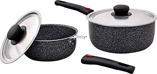 BERGER Stone Rock Aluminium Kasserollen Set 6-TLG. │ 2 Kochtöpfe mit Griff + Deckel stapelbar │ Camping Kochgeschirr für Küche Wohnwagen Topf Kochen Essen Topf Set Camping Topf Camping Topfset von BERGER