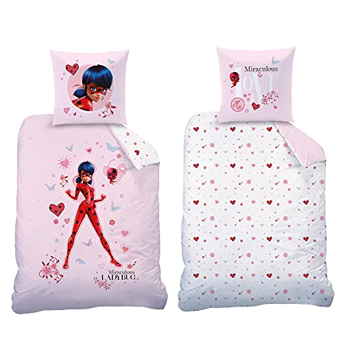 Miraculous Ladybug Kinder-Bettwäsche Hearts Rosa 135 x 200 + 80 x 80 cm 100% Baumwolle Biber-Flanell-Qualität Marinette Adrien Cat Noir Lady Bug Mädchen Paris deutsche Größe mit Reißverschluss von BERONAGE