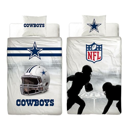 NFL Bettwäsche Dallas Cowboy 135 x 200 cm + 80 x 80 cm 100% Baumwolle Renforcé-Linon-Qualität mit Reißverschluss American Football Fan Super Bowl Rowdy American Team Wende-Bezug deutsche Größe von BERONAGE