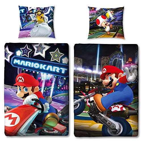 Super Mario Kart Wende-Bettwäsche 135 x 200 cm + 80 x 80 cm 100% Baumwolle Linon Renforcé Luigi Peach Bowser Yoshi Daisy Wario Buu Huu Rosalina Kinderbettwäsche deutsche Größe Reißverschluss von BERONAGE