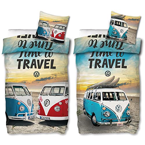 VW Volkswagen Bulli Bettwäsche Time To Travel 135 cm x 200 cm + 80 cm x 80 cm 100% Baumwolle Renforcé-Linon-Qualität Camper Van VW-Bus 2 Motive T1 T2 T3 Retro Wendebettwäsche Reißverschluss 186 von BERONAGE