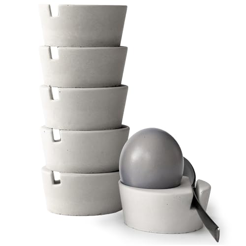 BETOLZ® Design Eierbecher 6er Set aus Beton/Eierbecher stapelbar/Egg Cups/Eierbecher Design - minimalistisch & modern, für Jede Eiergröße - inkl. Löffelhalter von BETOLZ