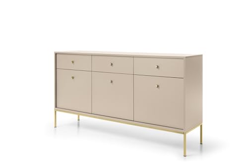 BETTSO - Molly - Kommode mit Schubladen - 83 cm hoch, 154 cm breit - 3-türig, 3 Schubladen, hohe Metallbeinen - Schuhschrank - Schrank - Schubladenbox - Lowboard - Beige mit Goldenen Beinen von BETTSO