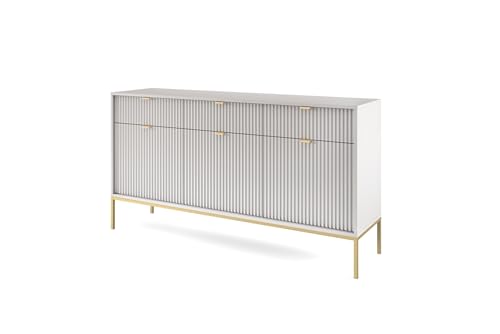 BETTSO - Nova KSZ-154 - Kommode - Schminktisch - Komodenschrank - 83 cm hoch, 154 breit - 3 Schubladen, Geriffelt - für Wohnzimmer - Modern, Glamour - Grau - mit goldenen Griffen und Beinen von BETTSO