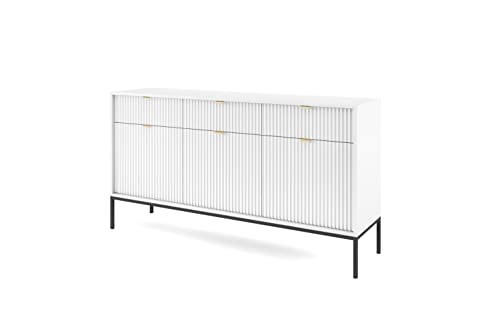 BETTSO - Nova KSZ-154 - Kommode - Schminktisch - Komodenschrank - 83 cm hoch, 154 breit - 3 Schubladen, Geriffelt - für Wohnzimmer - Modern, Glamour - Weiß - mit schwarzen Griffen und Beinen von BETTSO