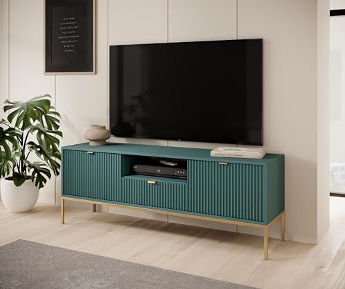 BETTSO - Nova RTV-154 - TV Schrank - Kommode - Mehrzweckschrank - Tv Ständer - mit Schublade 2 Türen - Niedrig, Geriffelt - Wohnzimmer - Modern, Glamour - Grün - mit goldenen Griffen von BETTSO