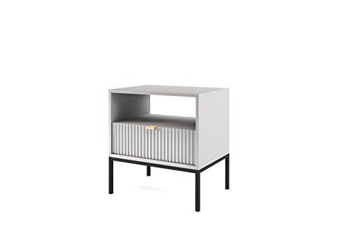 BETTSO - Nova S-54 - Nachttisch - Beistelltisch - Schubladenschrank - Nachtschrank - mit hohen Metallbeinen - Geriffelt - Schlafzimmer - Modern, Glamour - Grau - mit schwarzen Griffen von BETTSO