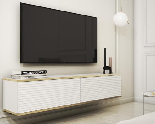 BETTSO - ORO - TV Hängeschrank - Fernsehkommode - 135 cm breit - TV Stand - Lowboard - Fernsehtisch - TV Bank - Glamour - 3 Klapptüren - Wohnzimmerschrank - Wohnzimmer Möbel - Matt Weiß Gerillt von BETTSO