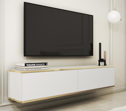 BETTSO - ORO - TV Hängeschrank - Fernsehkommode - 135 cm breit - TV Stand - Lowboard - Fernsehtisch - TV Bank - Glamour - 3 Klapptüren - Wohnzimmerschrank - Wohnzimmer Möbel - Matt Weiß Glatt von BETTSO