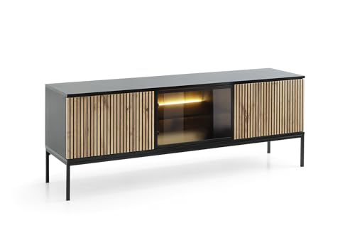 BETTSO - Sentino - TV Schrank - Fernsehkommode - TV Ständer - Tisch Wohnzimmer mit Glastür Rillen und LED - Fernsehschrank - Wohnzimmermöbel - TV Tisch - TV Regal Schwarzgrau und Holzoptik Wotan-Eiche von BETTSO