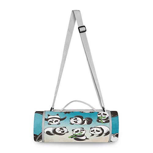 BEUSS Cartoon Kawaii Panda Picknickdecke wasserdicht Kreative Runde Picknick-Matte Kampierende Strand Yoga Decken Matten im Freien Faltbar Leicht Matte Decke mit Tragegriff (148cm x 148cm) von BEUSS