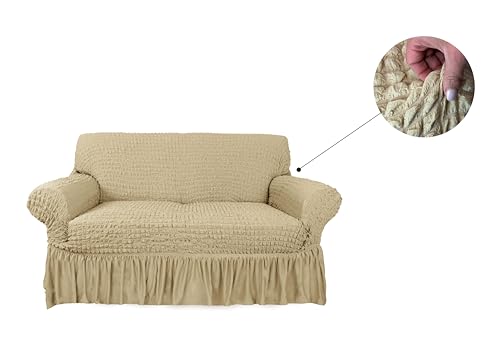 Elastischer Sofabezug mit Volants, einfarbig, Luxory Beige von BIANCHERIAWEB