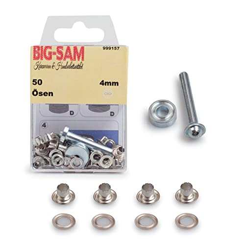 BIG-SAM - Ösen mit Scheiben | Innendurchmesser 4, 5, 8, 11 oder 14mm | Silberfarben, Goldfarben, Altmessing, Altkupfer, Brüniert | in Dosenverpackung mit Werkzeug und Anleitung (Silber, 4mm) von BIG-SAM