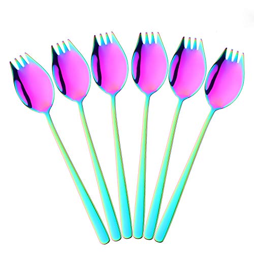 BISDARUN Spork Göffel Titan 18/10 Edelstahl Buntes Lang 21,3CM(8,4Inch) 6 Stück Metall Gabel Löffel Campingbesteck für Obstsalat Nudelsuppe Regenbogen von BISDARUN